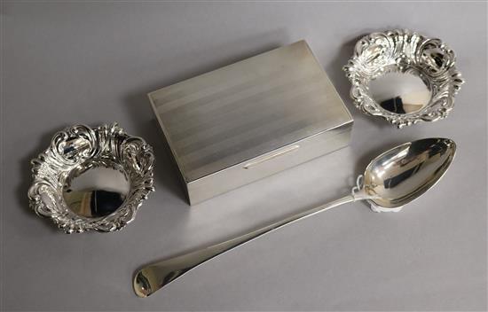 A George III silver Old English pattern basting spoon, London, 1799, a later silver cigarette box and pair of silver bonbon dishes.